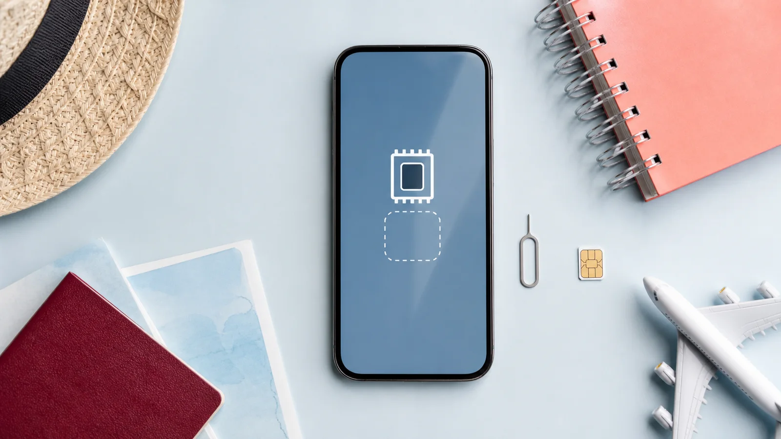 Смартфон с eSIM рядом с обычной SIM-картой и дорожными вещами